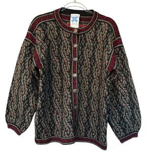 Icelandic Design Sweater Womens Small‎ Black Red Wool Cardigan Nordic Fair Isle